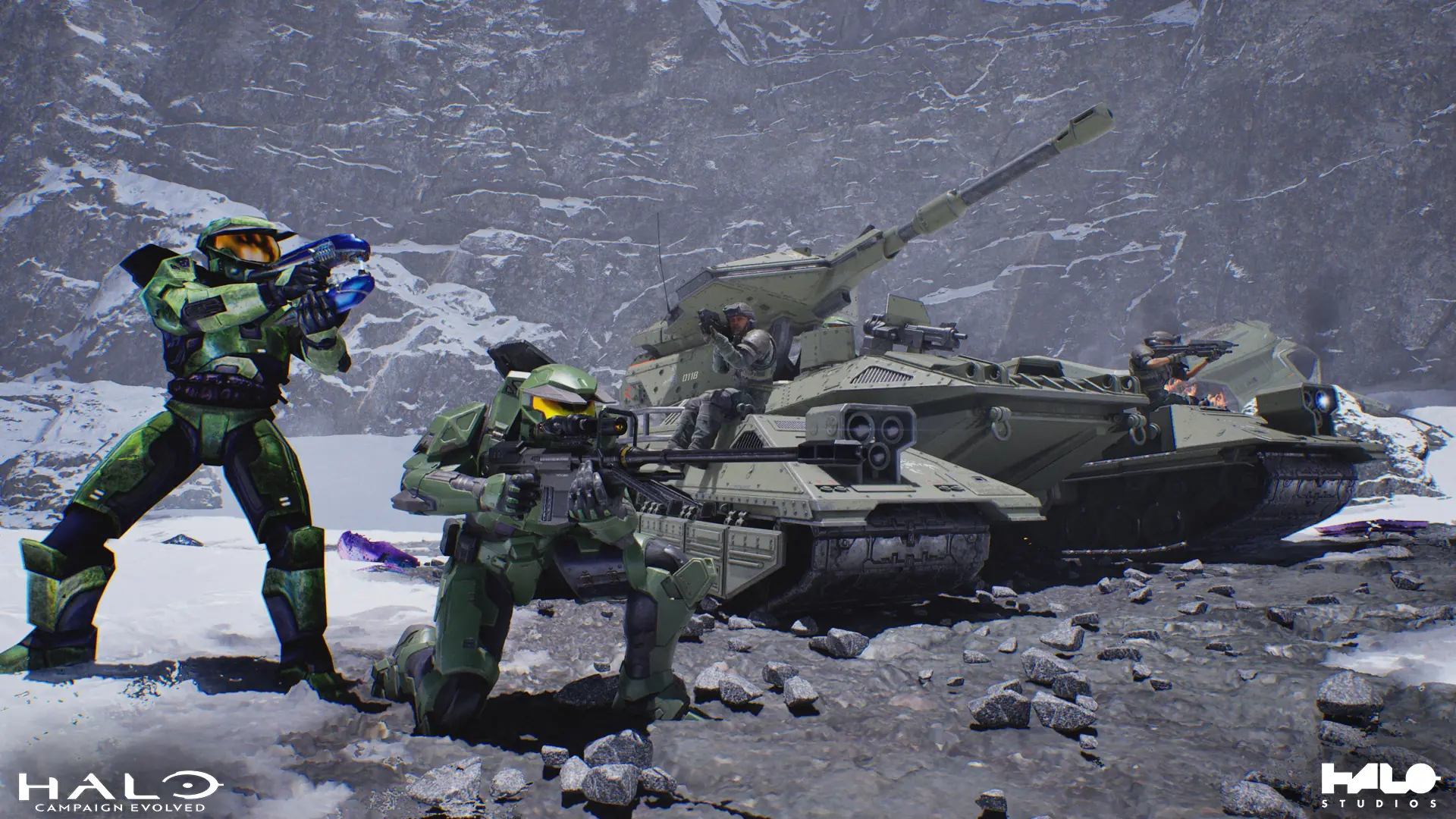 Four campaign players gather beside a Scorpion tank in a snowy canyon.
